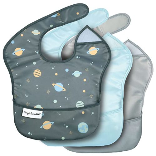 Tiny Twinkle Mess-Proof Baby Bibs for Eating | Waterproof, Wipeable Toddler Bibs with Catch-All Pocket | Feeding Bibs for Girls & Boys(3 Pack,Sea, Dino)