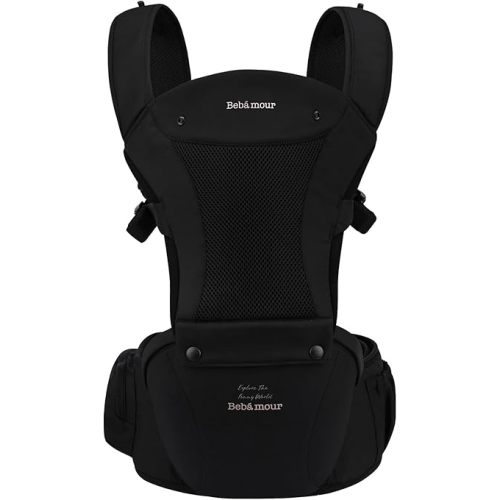 Bebamour Baby Carrier Safety-Certified Hip Seat Baby Carrier Newborn to Toddler Baby Carrier Hipseat 0-36Months with Head Hood, 3 PCS Teething Pads, Waist Extender & Storage Bag, Black