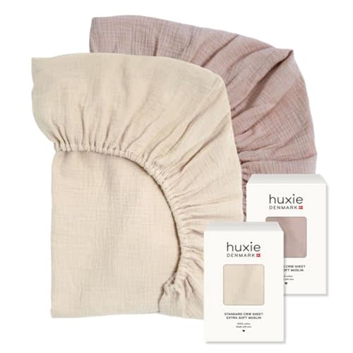 Crib Sheets – Organic Cotton Muslin Fitted Crib Sheet – Standard Size for Baby Boy and Baby Girl 28" x 52" Ultra-Soft and Breathable- 2-Pack (Fog/Blush)