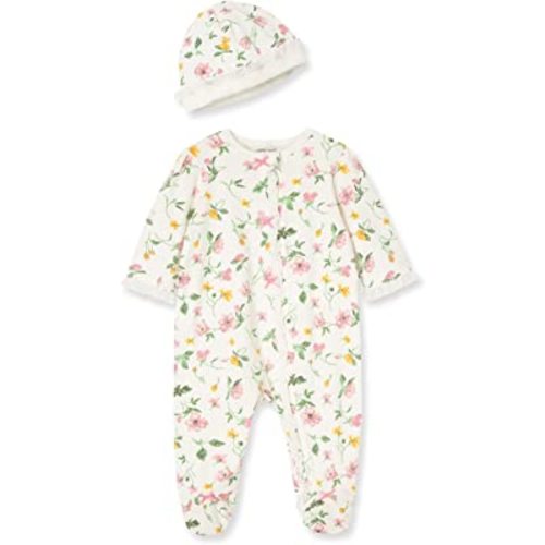 Little Me Clothes for Baby Girls 100% Cotton Scratch-Free Tag Footed One-Piece Romper and Hat Sleeper Set Preemie to 9 Months