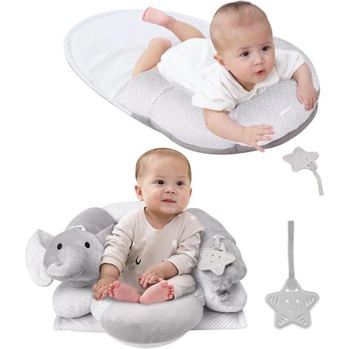Lovvie & Joy 2-in-1 Tummy Time Mat & Seated Support Pillow,Baby Tummy Time Pillow Support for Newborns and Older Babies,with Detachable Support Pillow and Toys Elephant