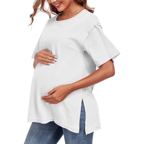 Women's Maternity Shirts Short Sleeve Split Side Pregnancy Tops Summer Casual Loose Tunic Tees