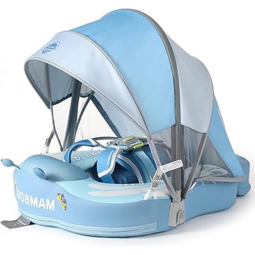 Mambobaby Float Add Tail Baby Swim Float with Canopy Solid Pool Infant Swim Trainer Swimming Training Lying Air Free Water Floats Non-Inflatable Waist Swim Ring for Toddlers (Butterfly - Blue)