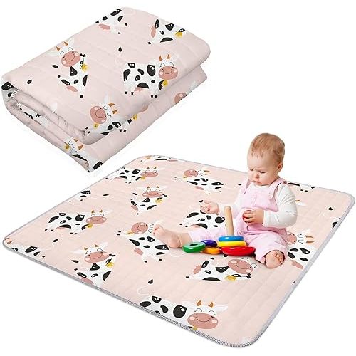 Funtery 43 x 43 Inch Boho Rainbow Baby Play Mat Portable Crawling Washable Foldable Tummy Time Non Slip Baby Floor Large Playpen Mat for Infants Toddlers Floor Playpen Activity(Cow)