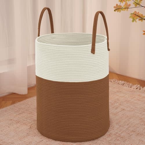 JMvicyroam Large Woven Laundry Basket Hamper,60L Cotton Rope Storage Bin for Blankets,Toys and Clothes,Decorative Tall Nursery Hamper for Living Room,Baby Nursery,Bathroom and Bedroom,White and Brown