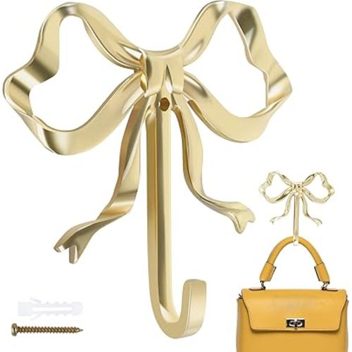 2 Pcs Bow Hook Towel Robe Hook, Decorative Bowknot Hanger Gold Towel Hook Multi-Purpose Bow Shaped Hat Hooks Brass Wall Hook Wall Hanging Towel Hook for Bathroom Bedroom Bathrobe, 3.6 x 3.5 x 0.8 in