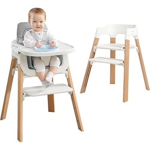 Wooden High Chairs for Babies and Toddlers, Baby Eating Chair with Tray & Removable Cushion & 4-Levels Pedal & Padded 5-Point Harness, High Chair Grows with Kid for Dining, Studying, Step Tool (Grey)