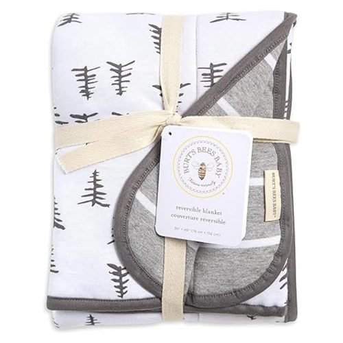 Burt's Bees Baby Infant Reversible Blankets 100% Organic Cotton GOTS Certified - Pine Forest Prints with Quilting Pattern Soft Nursery Blanket with 100% Polyester Fill for Size 30 x 40 Inch