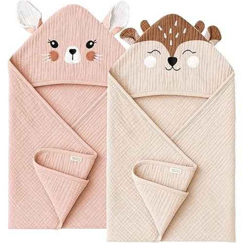 Konssy 2-Pack Muslin Baby Hooded Towels, Soft Cotton and Absorbent Baby Bath Towels for Newborn, Infant & Toddler with Animal Hooded Design (Bunny & Deer)