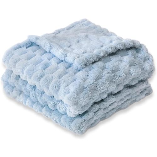 Baby Blanket for Boys or Girls 3D Jacquard Fluffy Fuzzy Soft Warm Cozy Flannel Fleece Warm Blanket for Nursery, Stroller Toddler Bedding (30 x 40 Inch, Blue)