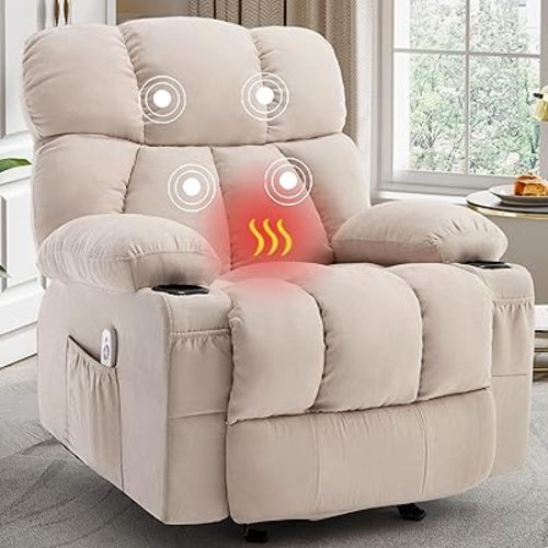 Massage Rocking Recliner Chair, Ergonomic Recliners Sofa with Vibration Massage & Heat, Rocking Chair Nursery Chair for Living Room Lounge with 4 Pockets, 2 Cup Holders, USB Charge Port, Beige