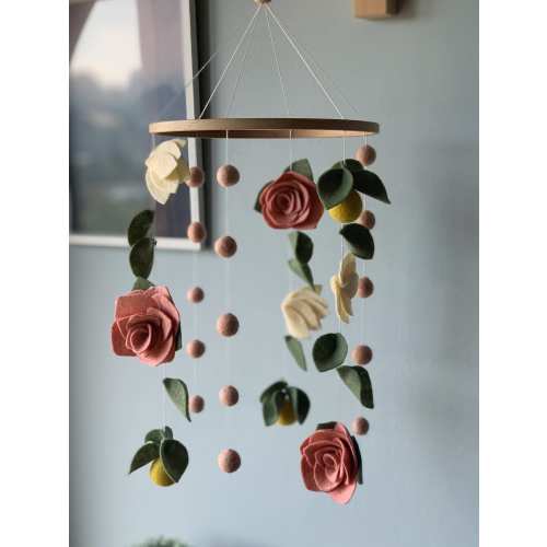 Flowers baby mobile, leaf crib mobile, green floral baby mobile, hanging felt mobile, cot mobile for baby girl, flowers nursery decor