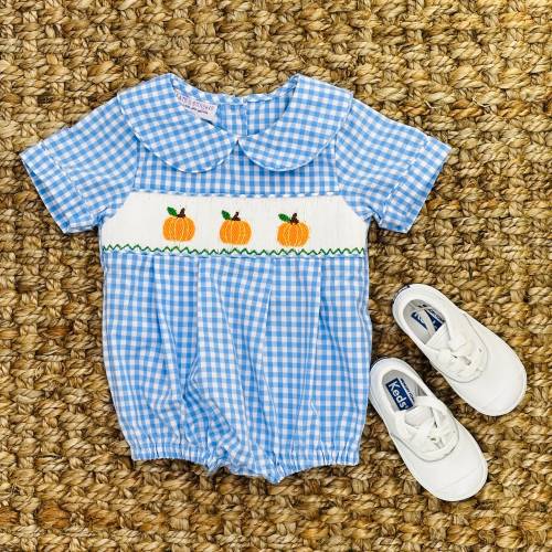 Pumpkin Smocked Boy's Bubble in Blue Gingham - Fall, Halloween, Thanksgiving, Baby Boy outfit 529 *A