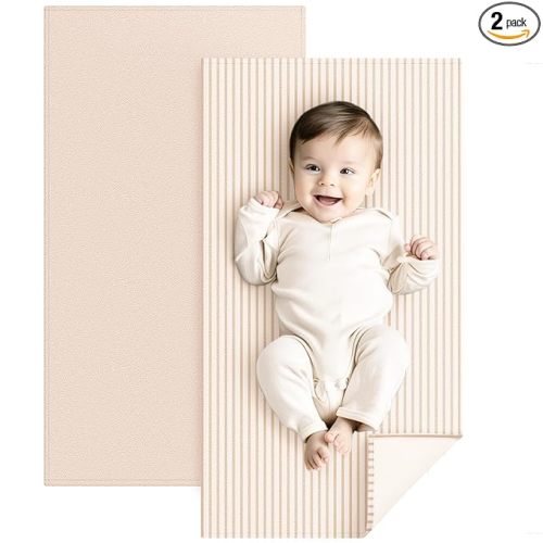 Konssy Faux Leather Baby Changing Mat, Waterproof, Wipeable & Portable Diaper Changing Pad for Travel or Home, Fits Perfectly in Diaper Bag, 30 x 17 inches (Beige,Stripes)
