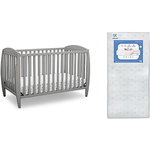 Delta Children Twinkle 4-in-1 Convertible Baby Crib, Sustainable New Zealand Wood, Grey and Delta Children Twinkle Galaxy Dual Sided Recycled Fiber Core Crib and Toddler Mattress (Bundle)
