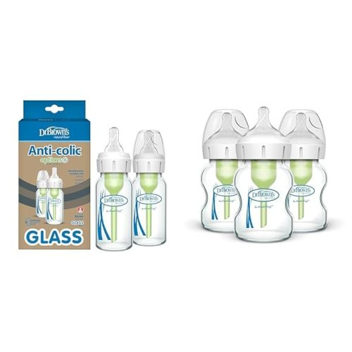 Dr. Brown's Natural Flow Anti-Colic Options+ Narrow Glass Baby Bottle 4 oz/120 mL & Natural Flow Anti-Colic Options+ Wide-Neck Glass Baby Bottles 5 oz/150 mL