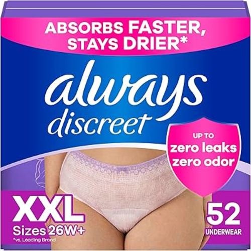 Always Discreet Adult Incontinence Underwear for Women and Postpartum Underwear, XXL, Up to 100% Bladder Leak Protection, 52 Count (4 Packs of 13)