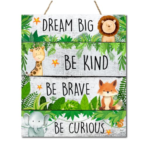Be Kind Be Braver Jungle Theme Wood Hanging Sign,Inspirational Quotes Safari Hanging Sign for Kids Nursery Bedroom Playroom Wall Decor