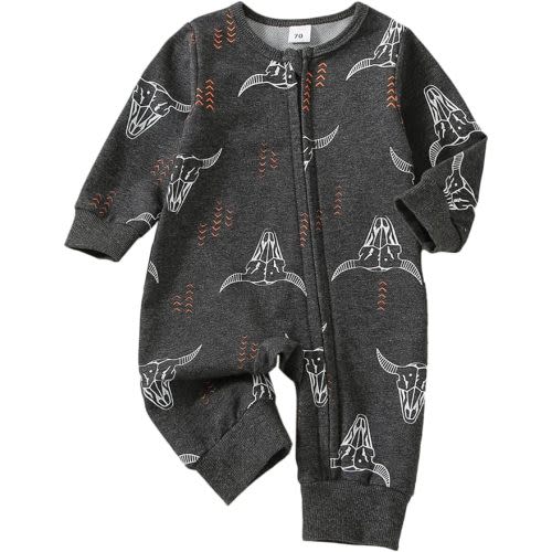 Omkzanbi Western Baby Boy Clothes Newborn Cowboy Jumpsuit Cow Printed Onesie Long Sleeve Bodysuit Fall Winter Outfit - 0-3 Months - Western Onesie Cow Printed
