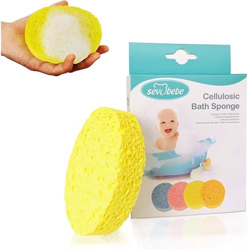Sevi Baby Cellulose Bath Sponge,100% All Natural Pure Baby Bath Sponge, Biodegradable, Hypoallergenic, Soft & Absorbent Sponge For Baby's Skin, Made in Turkey (Yellow)