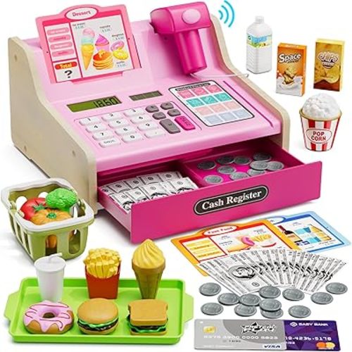 Wooden Cash Register for Kids with Real Calculator, Rechargeable Cash Register Toy with Scanner/Play Money/Food/Credit Card/Menu, Pretend Play Toys Gifts for Boys Girls Ages 3-8,Color