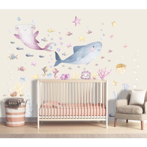 Decal Good Sharks Pastel Neutral Kids Bedroom, Watercolor Hand-drawn Ocean Animals Wall Stickers Toddler Playroom, Undersea Kids Wall Decor