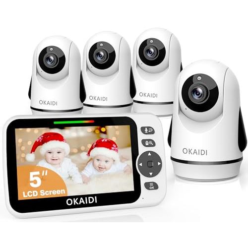 OKAIDI Video Baby Monitor with 4 Cameras, 5" Display Baby Monitor No WiFi, 30H Battery and 1000ft Range, Remote Pan-Tilt-Zoom Baby Camera, 2-Way Talk, 8 Lullabies, Baby Monitor for Baby Pet Elderly