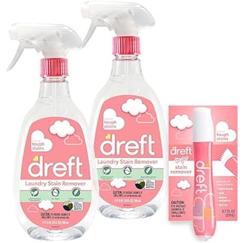 Dreft Stain Remover for Baby Clothes, Fragrance Free and Hypoallergenic Baby Stain Remover Spray Plus Travel Size Stain Treater Pen, 24 Fl Oz ( Pack of 2 + Stain Pen)