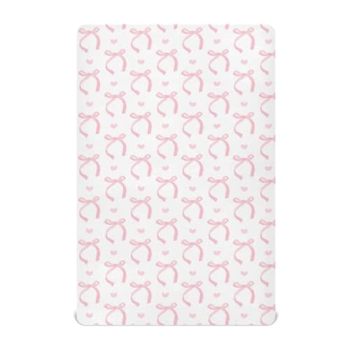 Aslsiy Bed Sheets Cute Coquette Pink Bow Fitted Crib Sheet for Baby White Nursery Mattress Sheets Playard Sheet Stretchy Mini Crib 52x28in