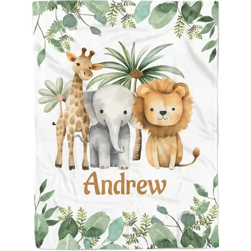 Safari Animals Personalized Baby Boy Name Blanket (30 x 40 Baby)