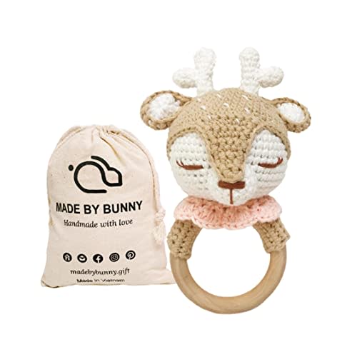 Bunny - Rattle for Young Children, Handmade Woolen Toy, Visual and Sensory Enhancing, Toy with Strict Quality Testing Process, usable as House Decoration (Beige Reindeer)