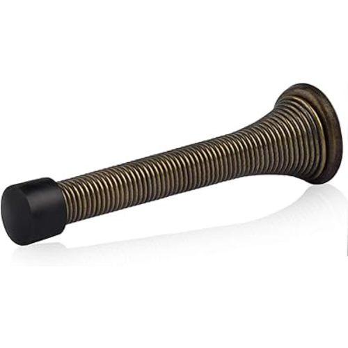 HOMOTEK 1 Pack Spring Door Stopper with Rubber Bumper 3-1/8" Flexible Spring Heavy Duty Wall Door Stop Low Mounted Door Bumper for Home (Antique Brass)