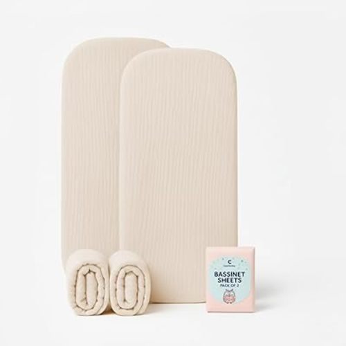 Baby Bassinet Sheets 33x17 Inches, Muslin Fabric Pack of 2 Beige Organic Bassinet Sheets Girl/Boy, Soft Breathable Fitted Bassinet Mattress Sheets, No Shrinking or Loose Corners, Safe & Cozy