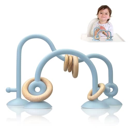 oiimllby Baby Teething Toy, High Chair Suction Cup Toys for Infant Toddlers 0-6M, Food Grade Silicone Teether, Educational Parent-Child Baby Toys, Montessori Sensory Toy for Babies 6-12Months (Blue)