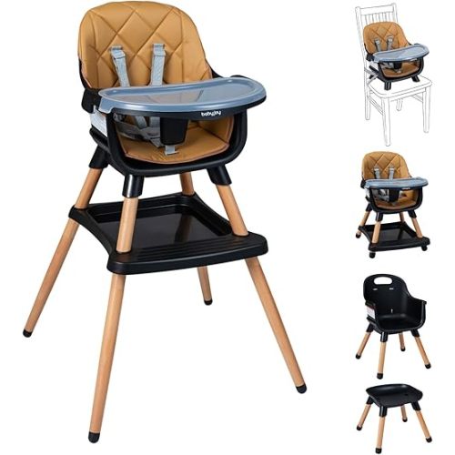 BABY JOY 8-in-1 High Chair, Convertible Wooden Highchairs for Babies and Toddlers | Dining Booster Seat | Toddler Stool, Double Removable Tray, 5-Point Safety Harness & Waterproof PU Cushion (Coffee)