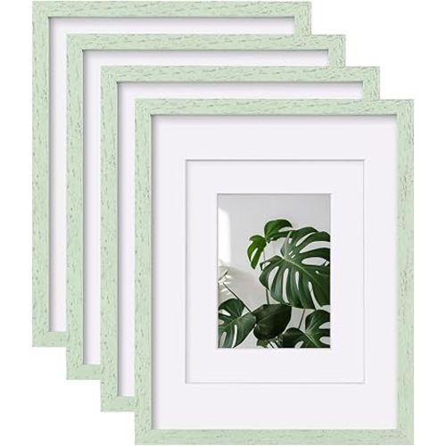 Egofine 11x14 Picture Frames Set of 4, Made of Solid Wood Covered by Plexiglass 5x7 and 8x10 with Mat or 11x14 without Mat, for Table Top Display and Wall Mounting Photo Frame Rustic Green