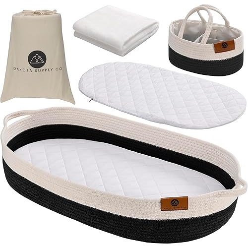 Baby Changing Basket, Moses Diaper Basket w/Foam pad, 2 Waterproof Covers, Blanket, Diaper Caddy Organizer, Table/Dresser/Nursery Topper, Boho Bassinet Station Woven Rope Tray, Storage (Black)