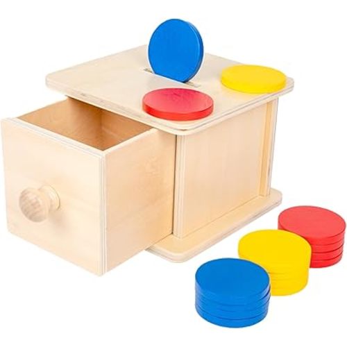Adena Montessori Coin Box,Object Permanence Box Toys for 1 Year Old Baby Coins,Wooden Montessori Ball Drop Developmental Toys for 6-12 Month Infant,Learning Kids Gifts(Typical Drawer Comes Out)