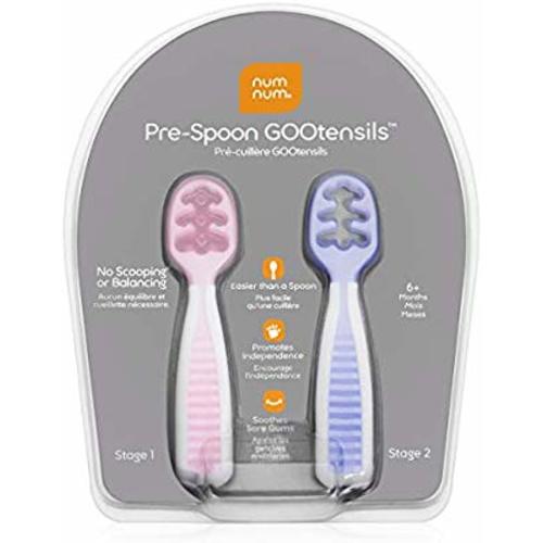 NumNum Pre-Spoon GOOtensils | Baby Spoon Set (Stage One + Stage Two) | BPA Free Silicone Self Feeding Utensil | #1 Doctor Recommended Baby Led Weaning Spoon for Kids Ages 6 Months+ (Lilac/Rosebud)