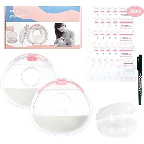 Breast Milk Collector, 2PCS Milk Collectors for Breastfeeding Reusable Breast Shells, Silicone Breastmilk Collection Nursing Cup BPA Free Milk Saver, with 20 PCS Milk Storage Bags, Storage Box