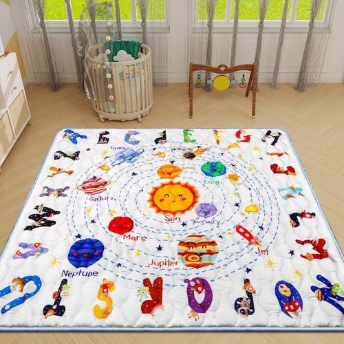 Solar System Baby Gyms Playmats for Playpen 71"×59" Giant Space Rug Planets, ABC Alphabet Learning Mat for Toddlers Thicken Soft Padding Foam Playmats Crawling Mat Kid Play Mats Pad