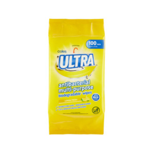 Coles Ultra Antibacterial Multi-Purpose Biodegradable Wipes Lemon Fresh | 100 pack