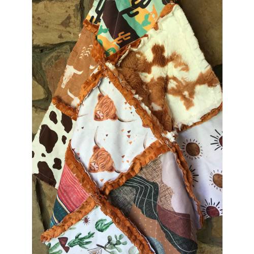 Highland Cow Lovey, Longhorns Sun CottageDome Mountains Brown Rust Mint Ginger Cows Cactus Baby Car Seat 22”x22” Security Blanket Aztec Teal