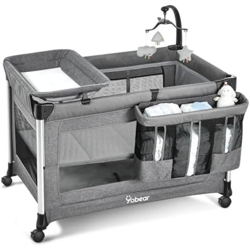 Yobear 4-in-1 Baby Bassinet with Mattress, Baby Playard with One-Push Setup, Bedside Crib with Diaper Changer, Wheels and Storage Organizer for Newborn to Toddler, Grey