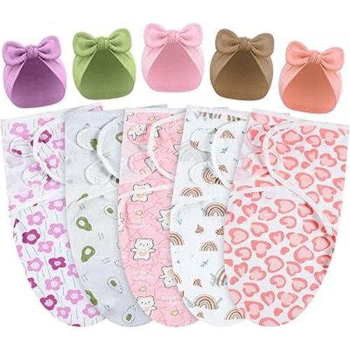 Fanfanwin 5 Pack Preemie Swaddle Blanket Wrap with Hat Set Cotton Preemie Baby Clothes Hat Receiving Blanket for 3-7 Lbs Newborn Boys Girls (Rabbit Ears)