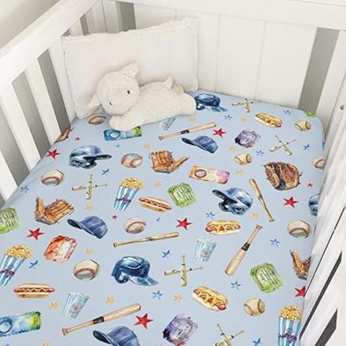 Watercolor Baseball Baby Crib Sheets 52''x28'' Patriotic American Sports Stretchy Fitted Mattress Cover for Boy Girl Outdoor Sports Lovers Soft Baby Sheets for Standard Crib and Toddler Mattress