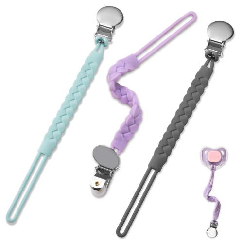 BASICSLIFE Silicone Pacifier Clip，3 Pack BPA Free Silicone Pacifiers Leashes for Teether Toy or Soothie? Keeps Pacifier Clean and Fits All Pacifiers Baby Teething Toys Purple, Blue and Grey