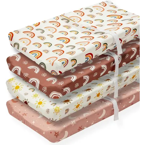 4 Pack Changing Pad Cover Boho Nursery Sheets Sunshine and Rainbow Desdign Neutral Unisex Fitted Baby Changing Pad Cover Sheets for Baby Boys or Girls (Changing Pad Cover)