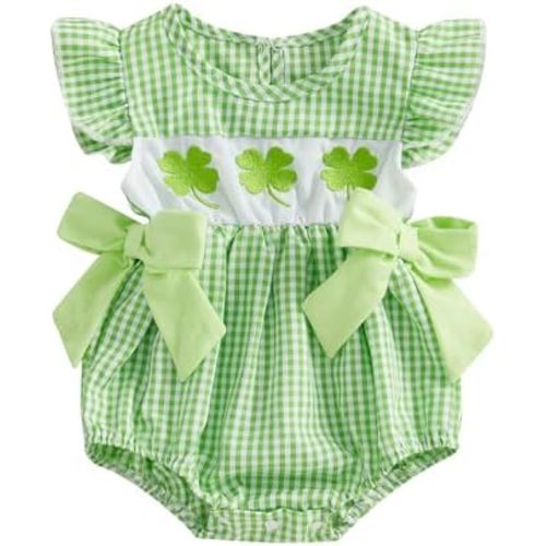 FIOMVA St Patricks Day Baby Girl Outfit Infant Plaid Bubble Romper Newborn Shamrock Bow Top Cute Spring Summer Clothes