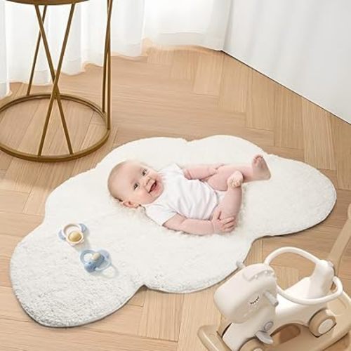 Area Rugs for Kids, Cloud Shape Baby Crawling Carpet, Nursery Room Soft Pure Cotton Luxury Plush Handmade Knitted Decoration Rug 40"×26"